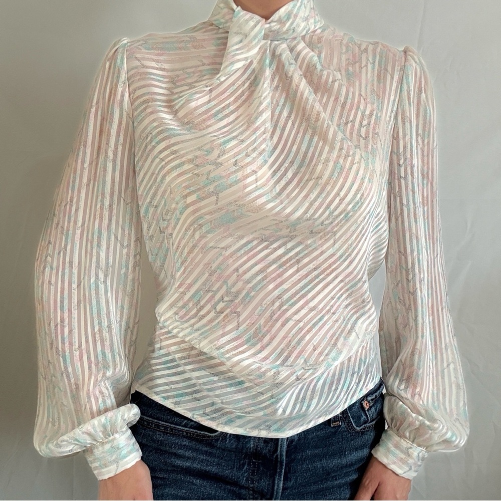 Vintage long sleeve high neck blouse tops pastel mockneck professional glam